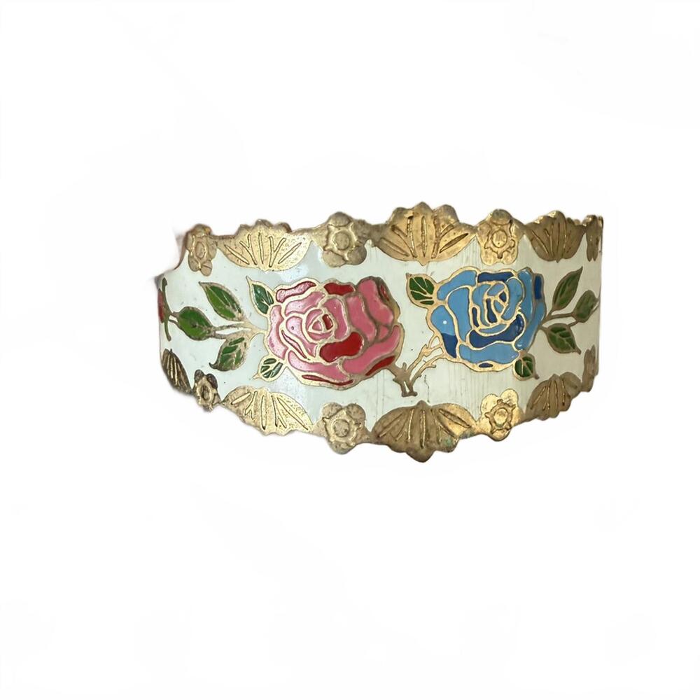 Vintage Cloisonné Enameled Metal Roses Cuff Bracelet Taiwan - Picture 2 of 7